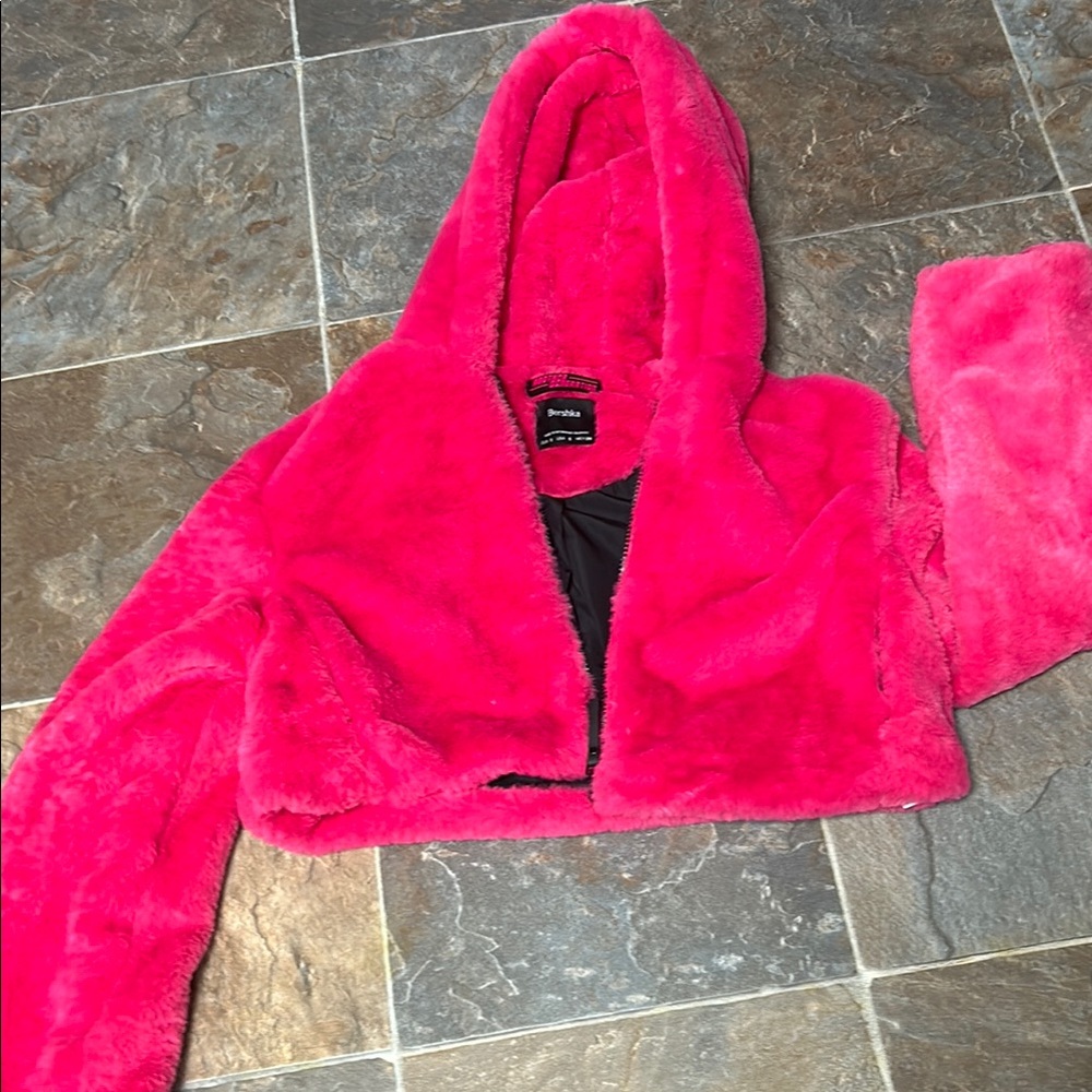 Bershka Pink Cropped Fuzzy Jacket with Hood